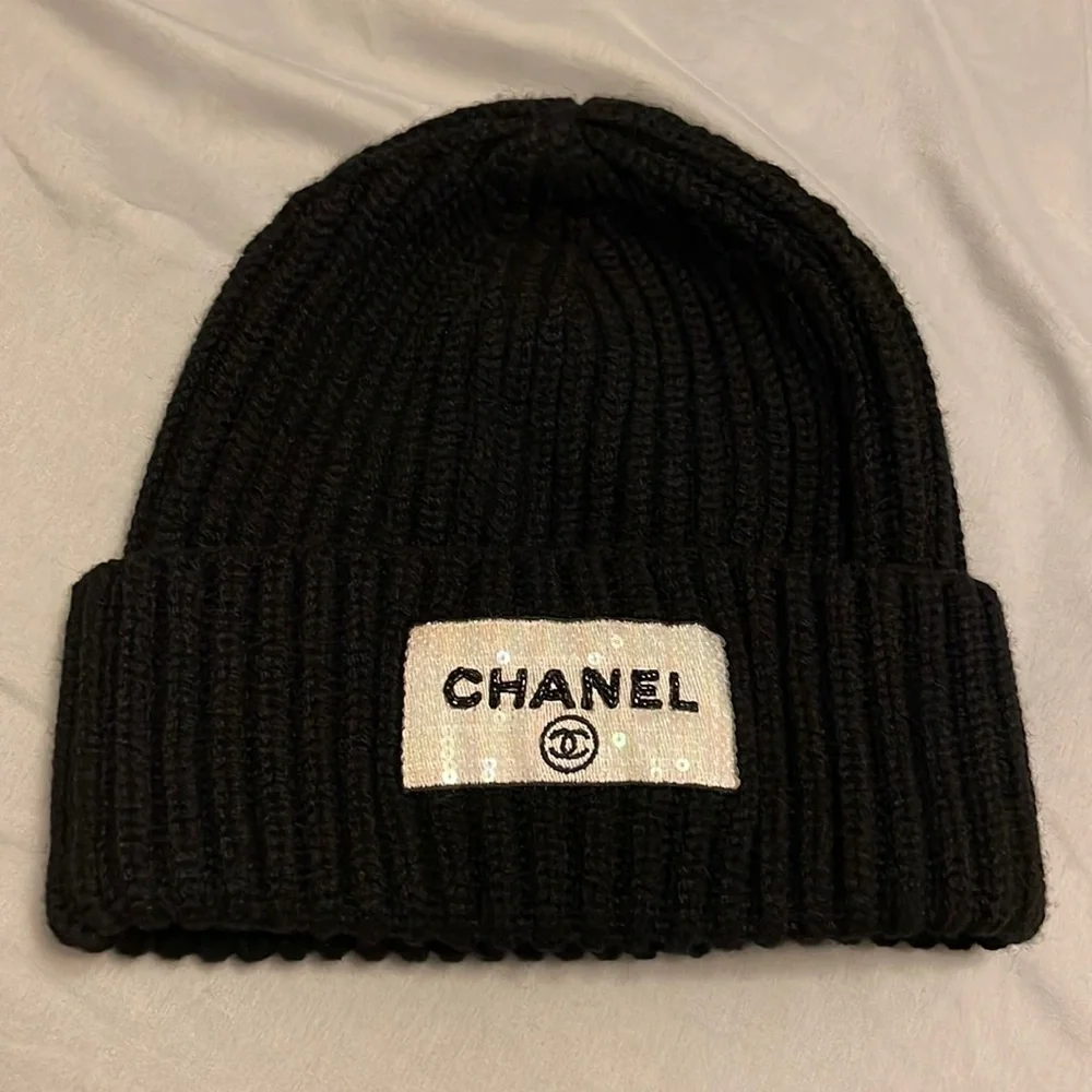 Authentic Chanel cashmere Sequins and Beads logo patch beanie